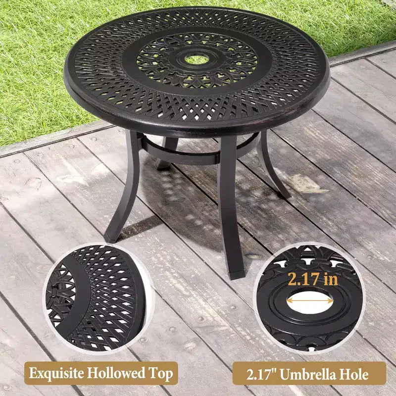 Crestlive Products – Table d'appoint de patio ronde en fonte d'aluminium de 24 po avec trou pour parasol – Table basse de bistrot extérieure, noire avec taches de bronze