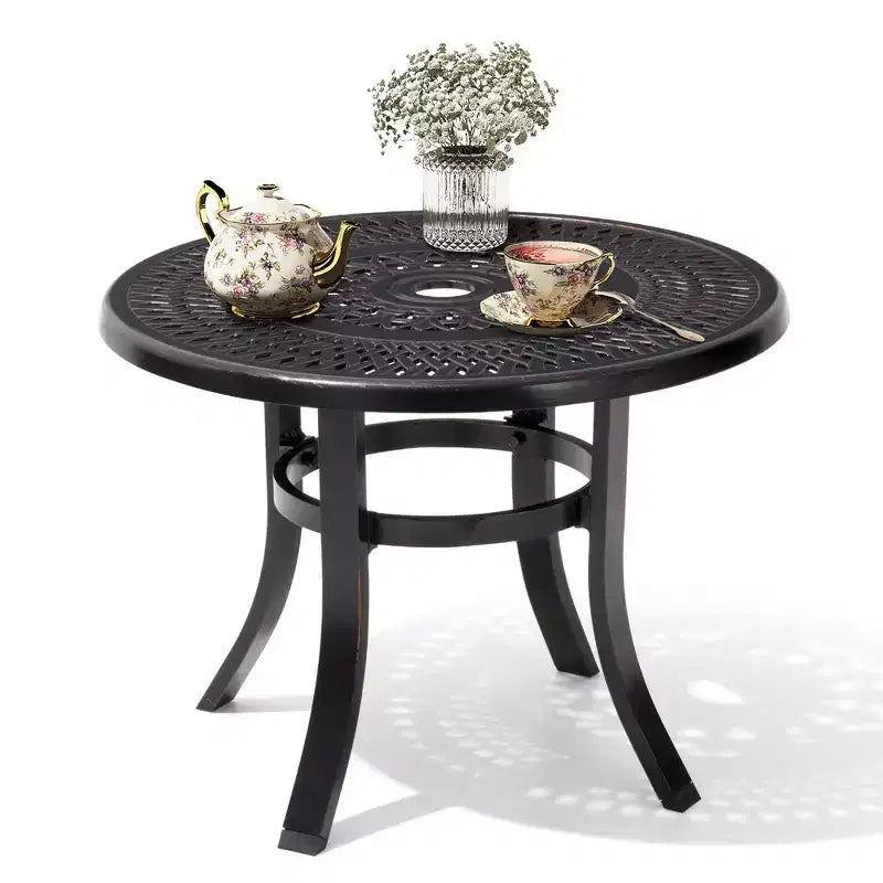 Crestlive Products – Table d'appoint de patio ronde en fonte d'aluminium de 24 po avec trou pour parasol – Table basse de bistrot extérieure, noire avec taches de bronze