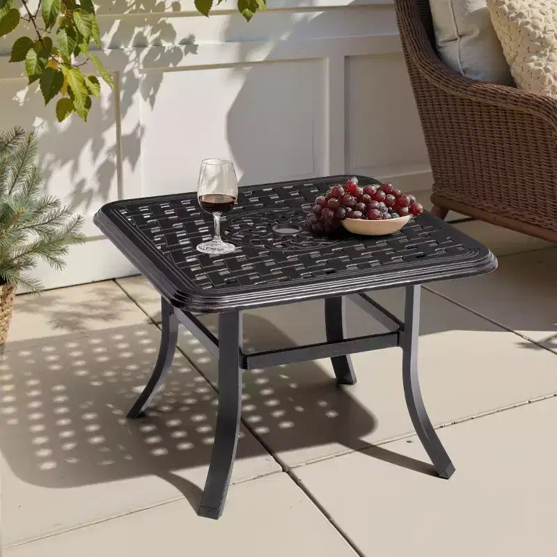 Crestlive Products Cast Aluminum Patio Side Table Outdoor Square Anti-Rust with Umbrella Hole Coffee Bistro Table 24 Black with Bronze Spot