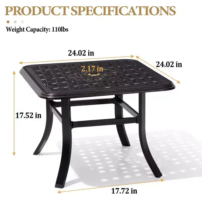 Table d'appoint de terrasse Crestlive Products en fonte d'aluminium, carrée, antirouille, avec trou pour parasol, table basse bistrot 24 pouces noire avec points bronze