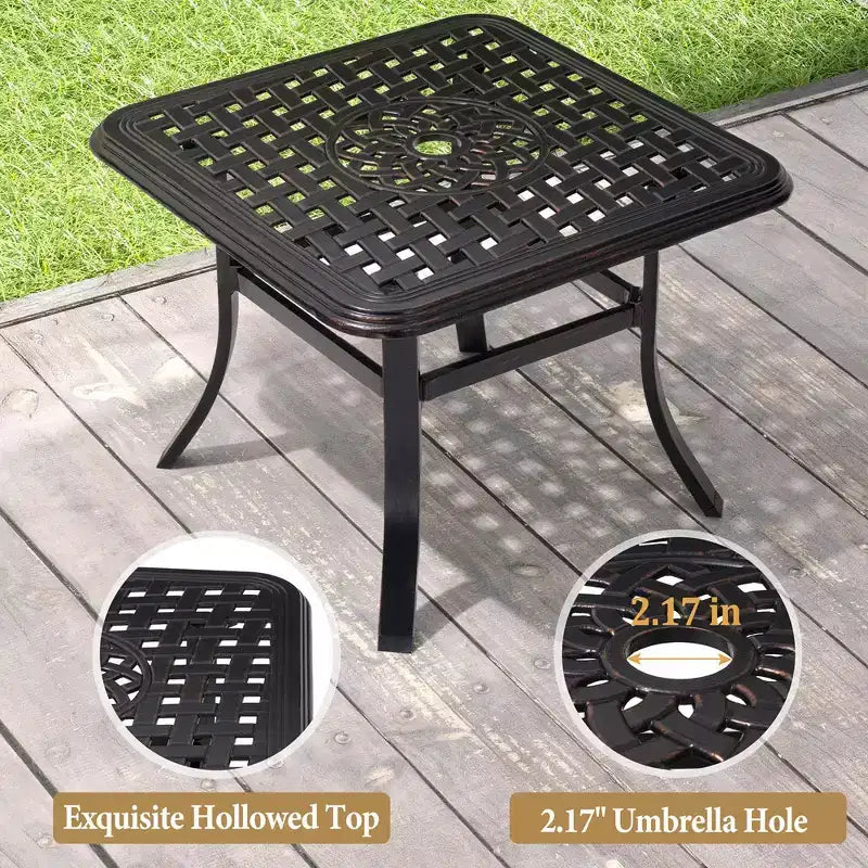 Table d'appoint de terrasse Crestlive Products en fonte d'aluminium, carrée, antirouille, avec trou pour parasol, table basse bistrot 24 pouces noire avec points bronze