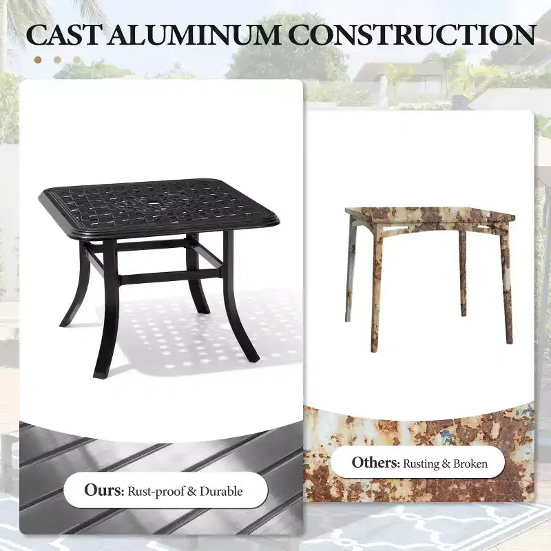 Table d'appoint de terrasse Crestlive Products en fonte d'aluminium, carrée, antirouille, avec trou pour parasol, table basse bistrot 24 pouces noire avec points bronze