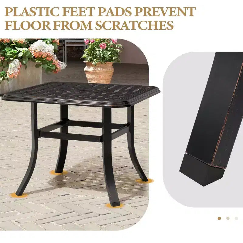 Table d'appoint de terrasse Crestlive Products en fonte d'aluminium, carrée, antirouille, avec trou pour parasol, table basse bistrot 24 pouces noire avec points bronze