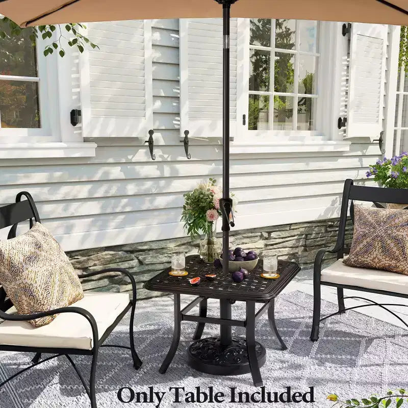 Table d'appoint de terrasse Crestlive Products en fonte d'aluminium, carrée, antirouille, avec trou pour parasol, table basse bistrot 24 pouces noire avec points bronze