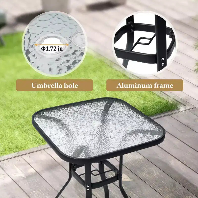 Table de Bar Extérieure Crestlive Products avec Trou pour Parasol, Table de Bistro de Salle à Manger de Patio, Cadre en Aluminium et Plateau en Verre Trempé, Mobilier de Banquet Extérieur
