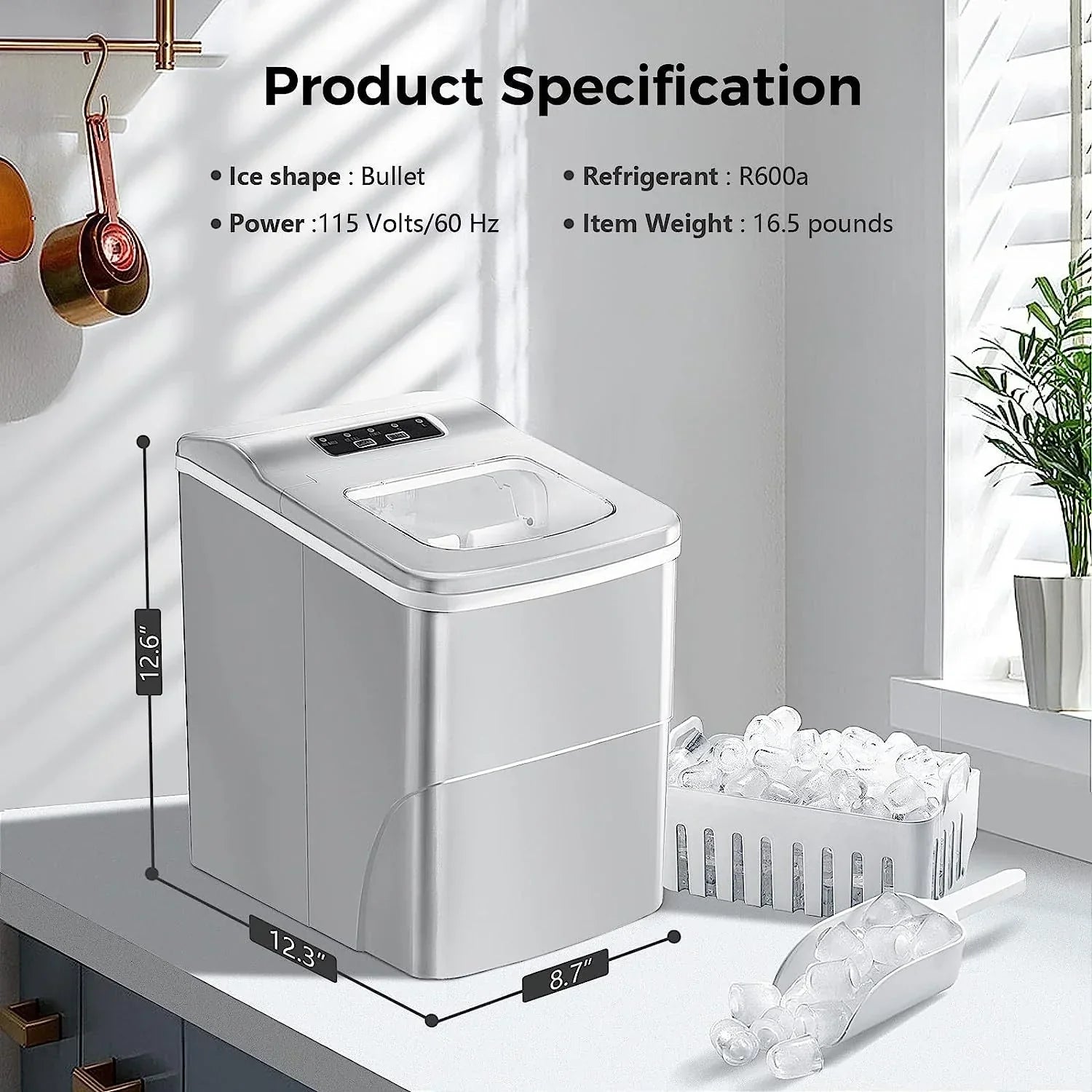 Machine à glaçons de comptoir, glaçons prêts en 6-8 minutes avec pelle et panier à glaçons