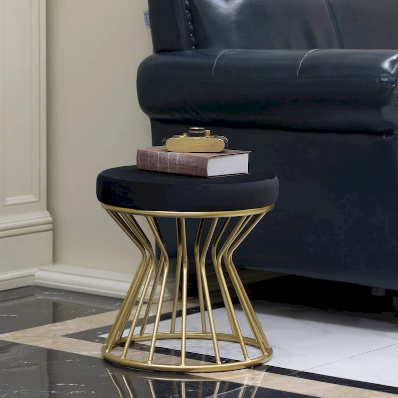 Pouf rond moderne en velours avec piètement incurvé en métal doré standard