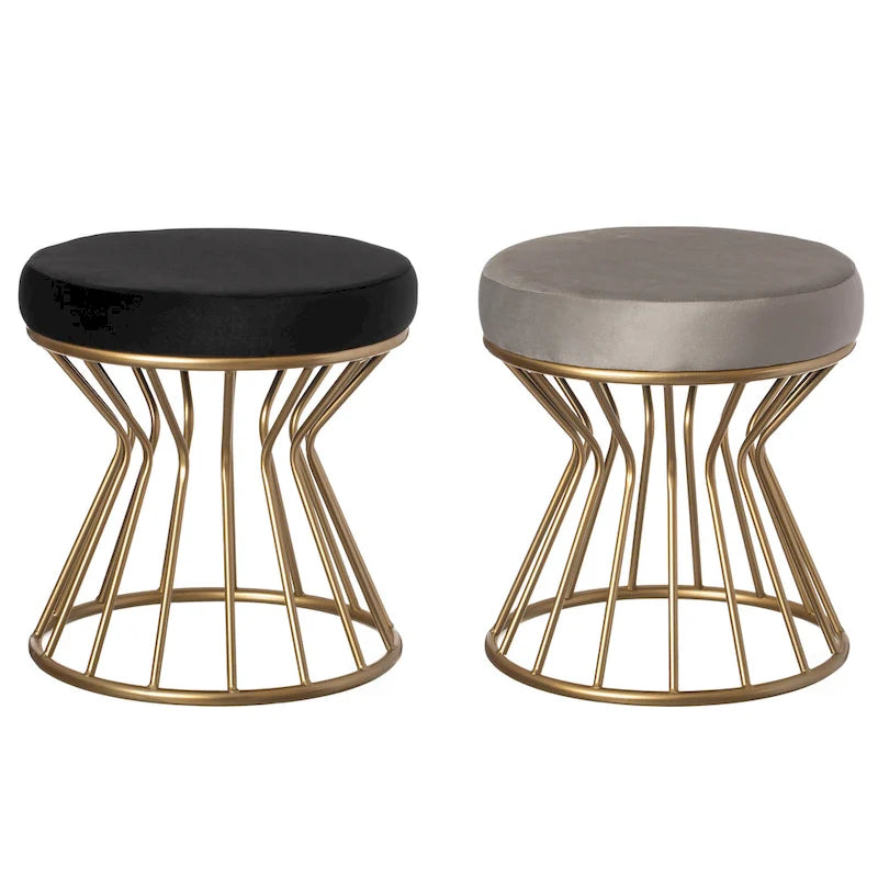 Pouf rond moderne en velours avec piètement incurvé en métal doré standard
