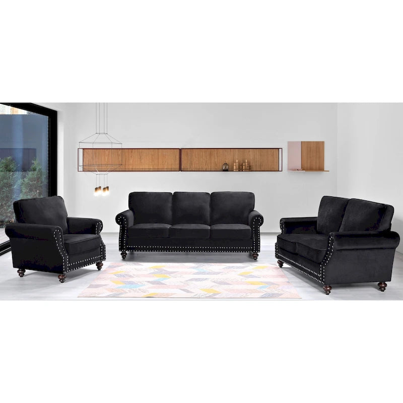 Ensemble 3 pièces en velours Ramos clouté – Canapé 2 places et fauteuil