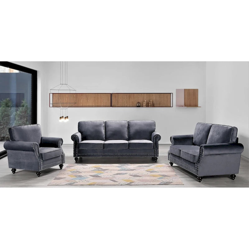 Ensemble 3 pièces en velours Ramos clouté – Canapé 2 places et fauteuil