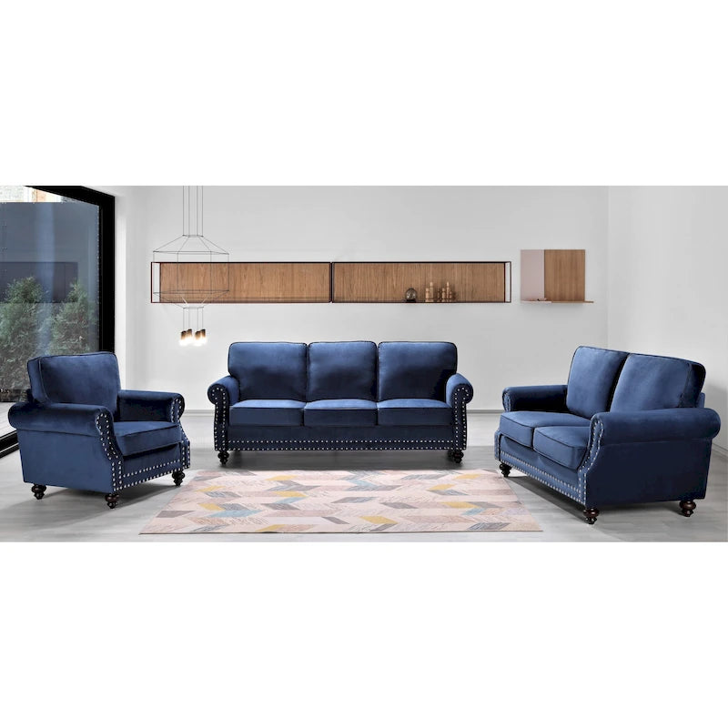 Ensemble 3 pièces en velours Ramos clouté – Canapé 2 places et fauteuil