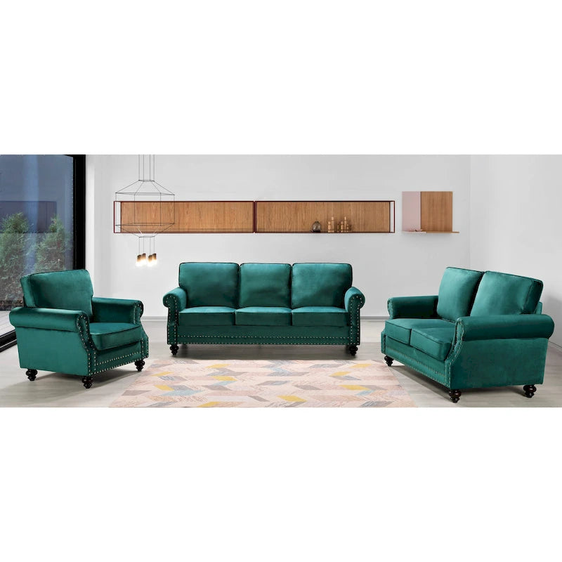 Ensemble 3 pièces en velours Ramos clouté – Canapé 2 places et fauteuil