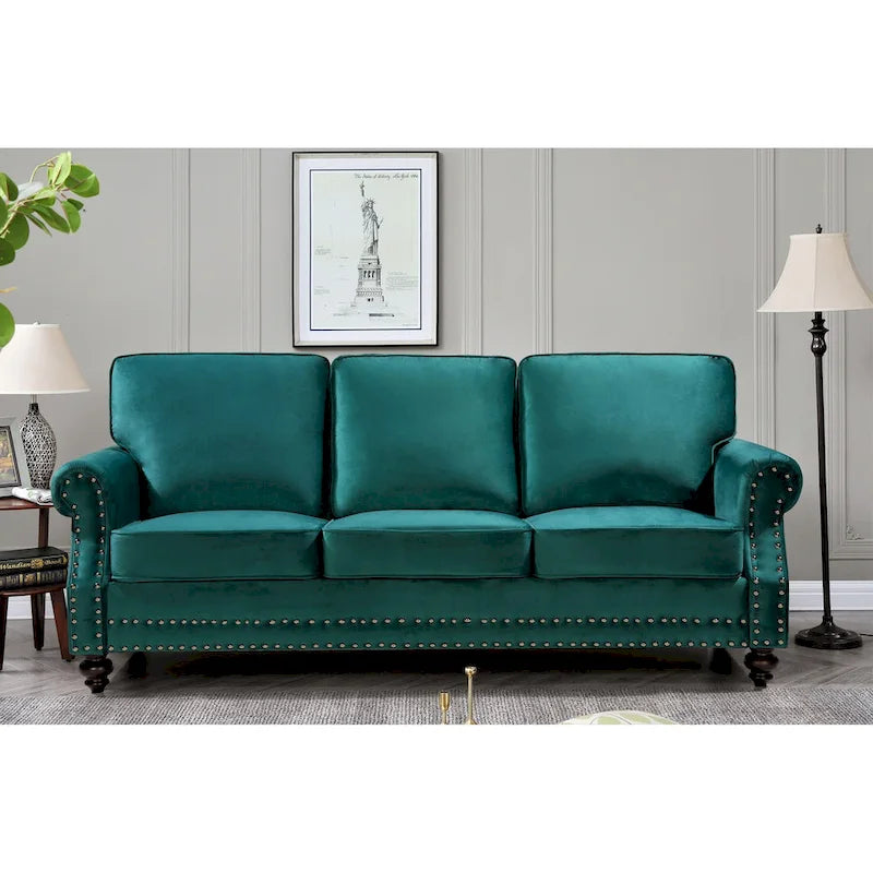 Ensemble 3 pièces en velours Ramos clouté – Canapé 2 places et fauteuil
