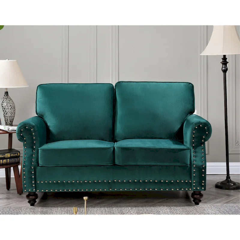 Ensemble 3 pièces en velours Ramos clouté – Canapé 2 places et fauteuil