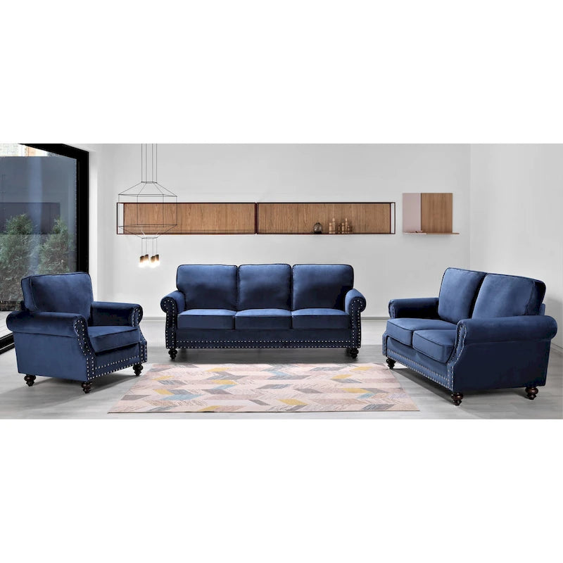 Ensemble 3 pièces en velours Ramos clouté – Canapé 2 places et fauteuil