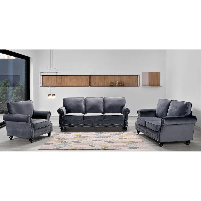 Ensemble 3 pièces en velours Ramos clouté – Canapé 2 places et fauteuil
