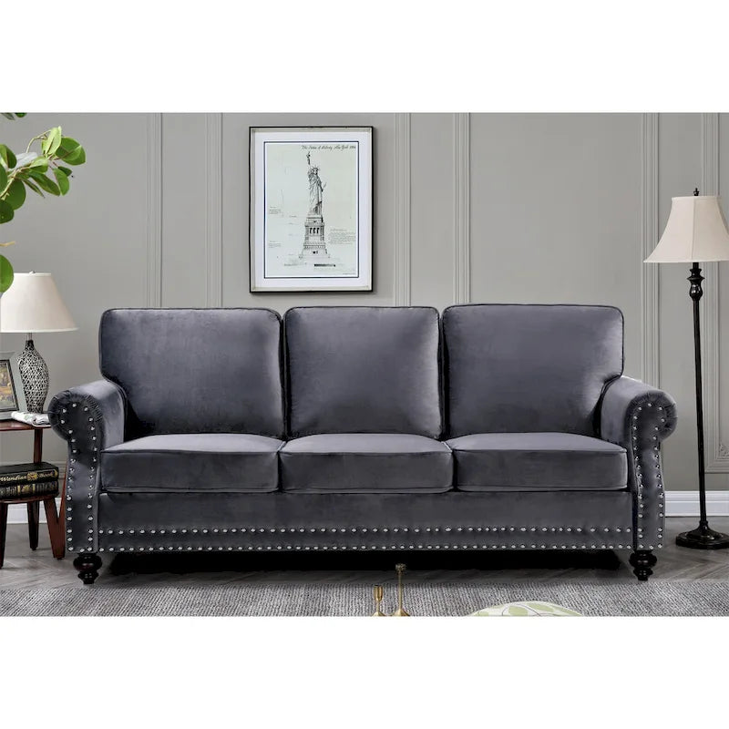 Ensemble 3 pièces en velours Ramos clouté – Canapé 2 places et fauteuil