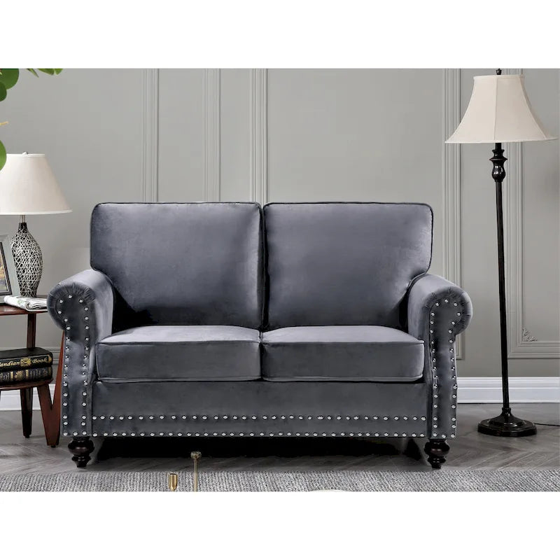 Ensemble 3 pièces en velours Ramos clouté – Canapé 2 places et fauteuil