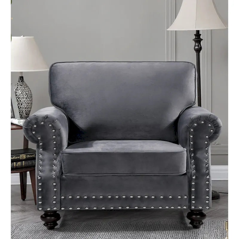 Ensemble 3 pièces en velours Ramos clouté – Canapé 2 places et fauteuil