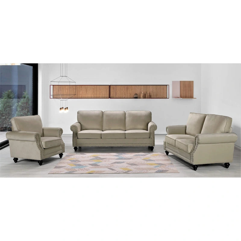 Ensemble 3 pièces en velours Ramos clouté – Canapé 2 places et fauteuil