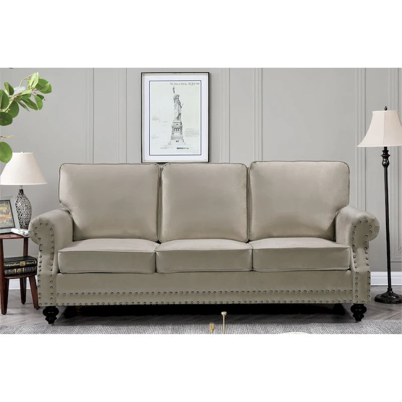 Ensemble 3 pièces en velours Ramos clouté – Canapé 2 places et fauteuil