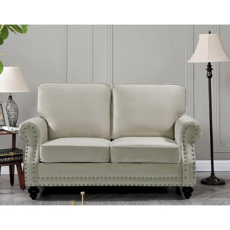 Ensemble 3 pièces en velours Ramos clouté – Canapé 2 places et fauteuil