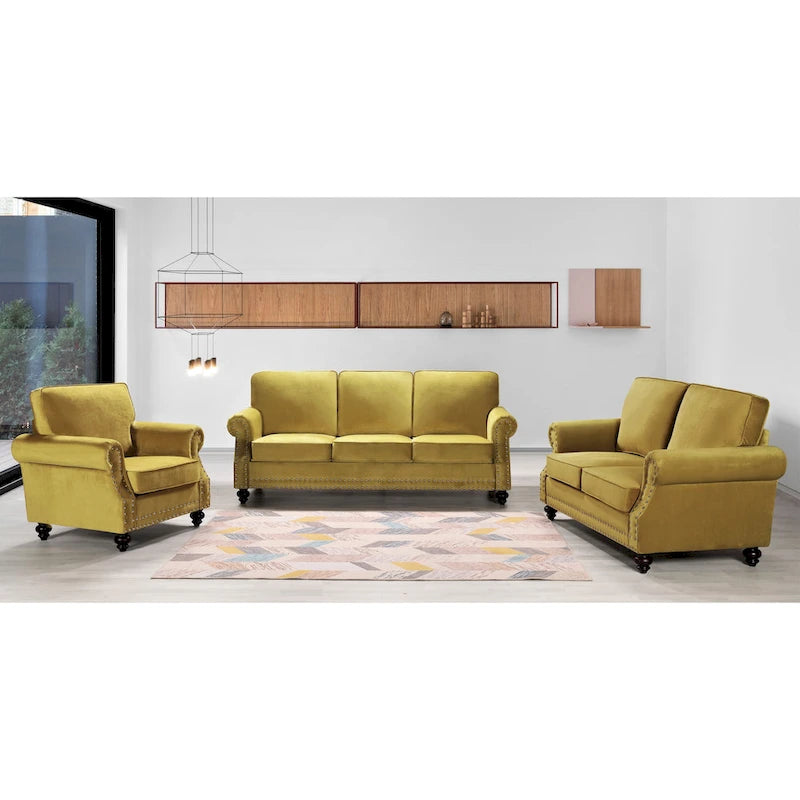 Ensemble 3 pièces en velours Ramos clouté – Canapé 2 places et fauteuil