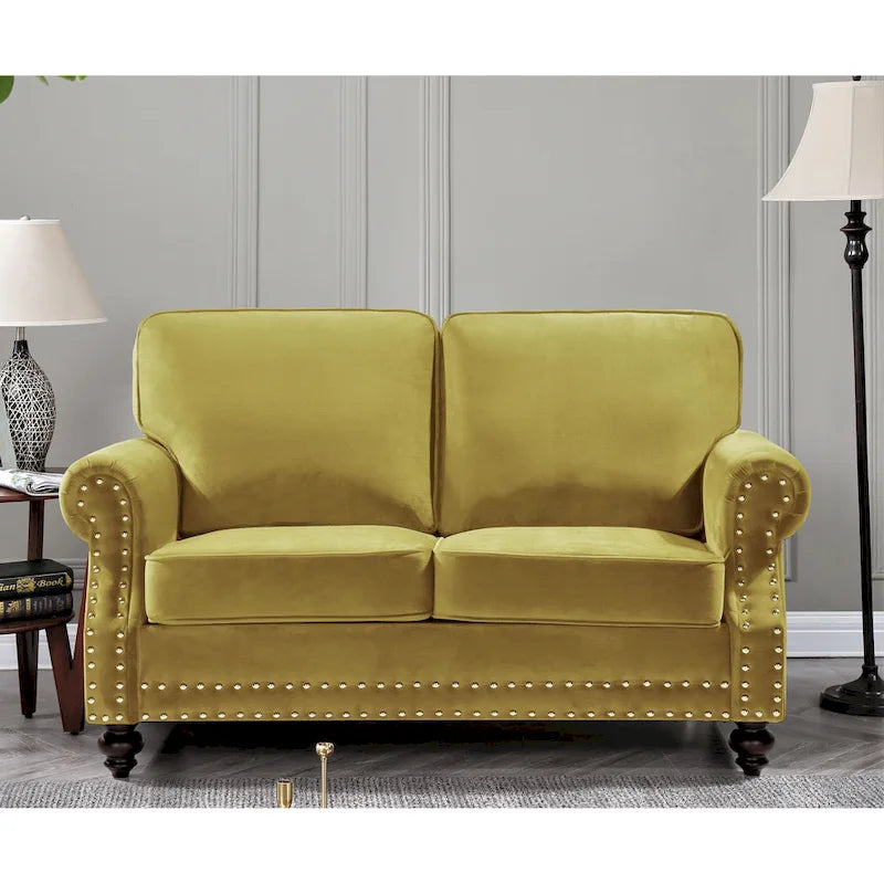 Ensemble 3 pièces en velours Ramos clouté – Canapé 2 places et fauteuil