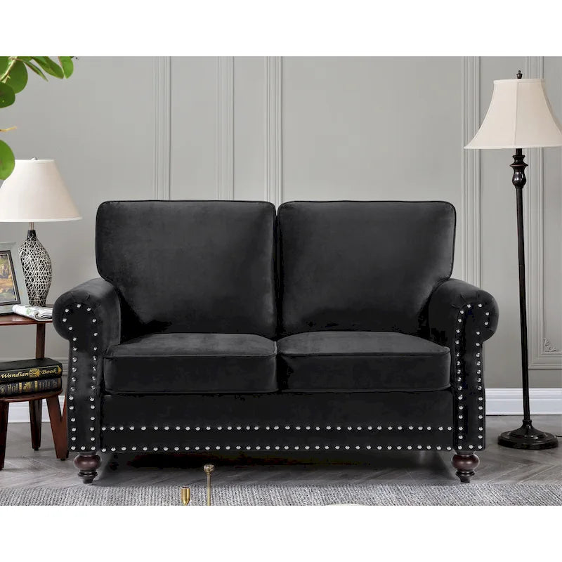 Ensemble 3 pièces en velours Ramos clouté – Canapé 2 places et fauteuil