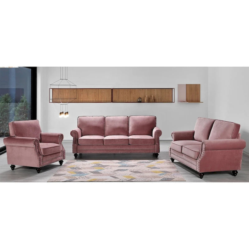 Ensemble 3 pièces en velours Ramos clouté – Canapé 2 places et fauteuil