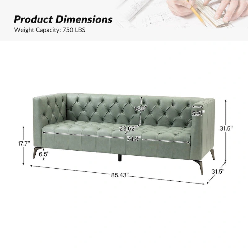Canapé Nestor en cuir véritable de style transitionnel avec pieds en métal et dossier touffeté
