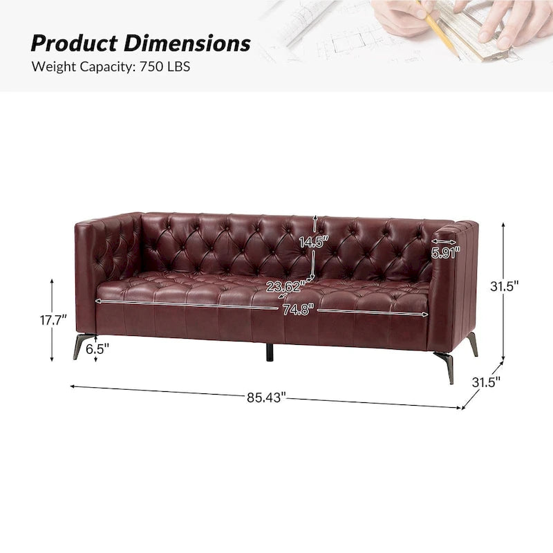 Canapé Nestor en cuir véritable de style transitionnel avec pieds en métal et dossier touffeté