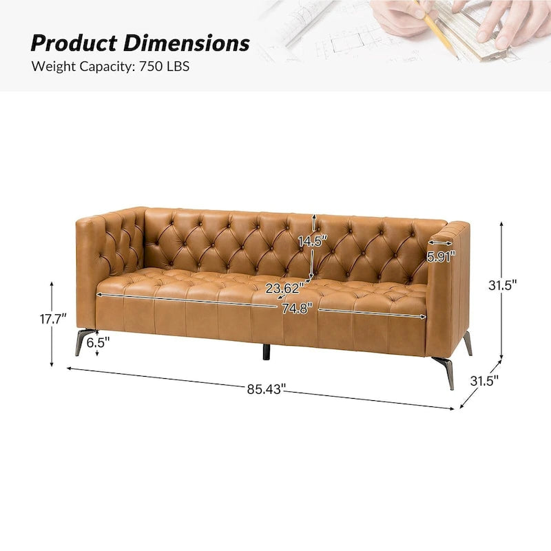 Canapé Nestor en cuir véritable de style transitionnel avec pieds en métal et dossier touffeté