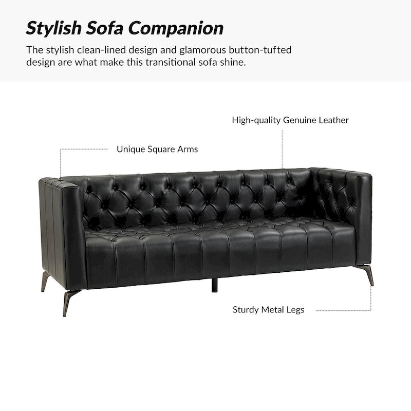 Canapé Nestor en cuir véritable de style transitionnel avec pieds en métal et dossier touffeté