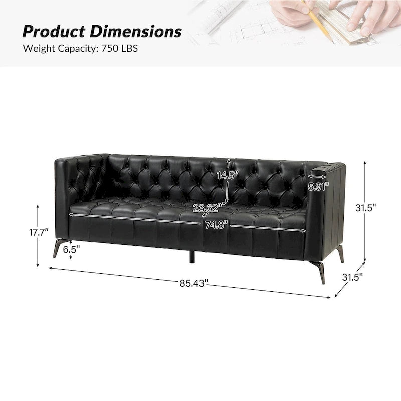 Canapé Nestor en cuir véritable de style transitionnel avec pieds en métal et dossier touffeté