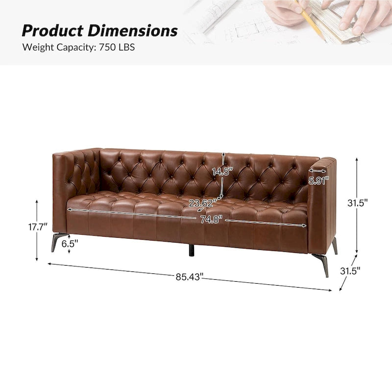 Canapé Nestor en cuir véritable de style transitionnel avec pieds en métal et dossier touffeté