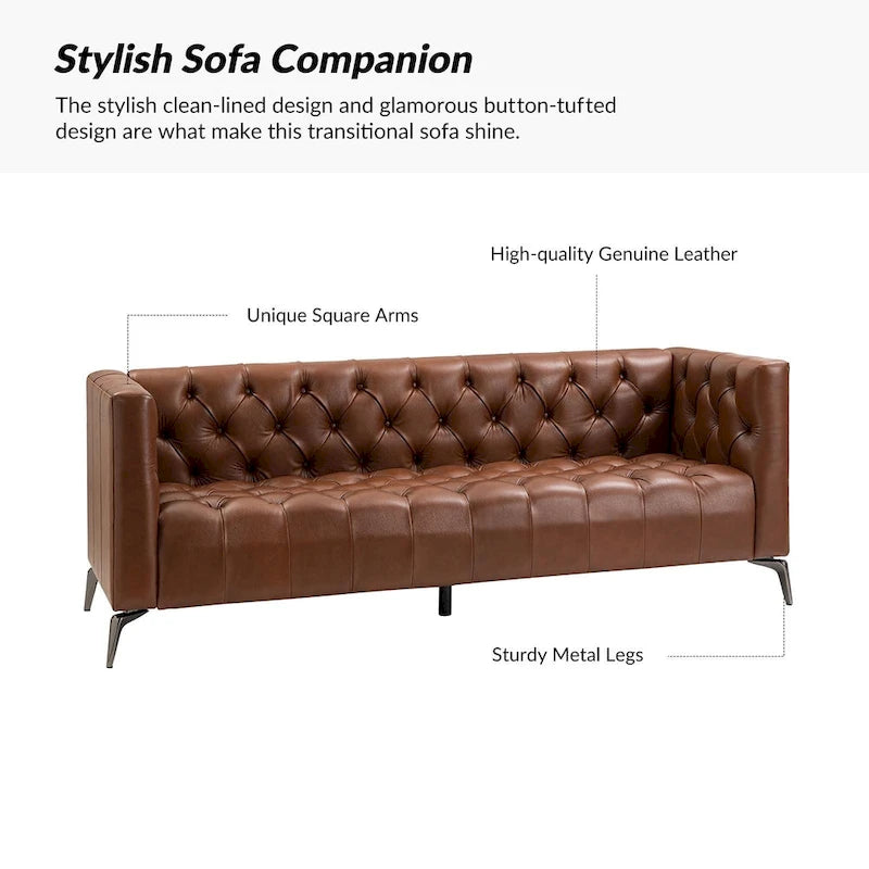 Canapé Nestor en cuir véritable de style transitionnel avec pieds en métal et dossier touffeté