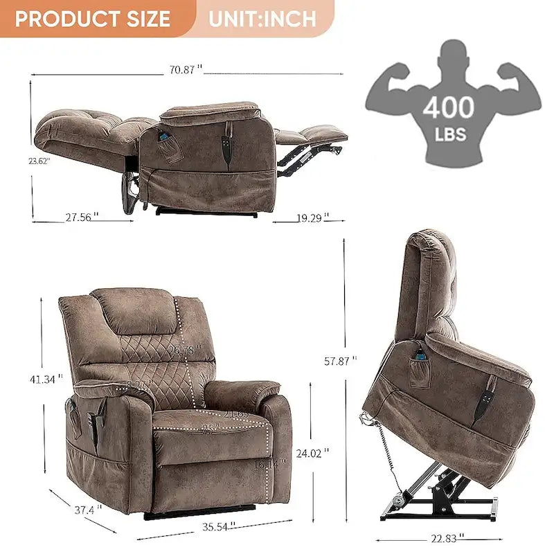 Fauteuil inclinable électrique double à levage de puissance de 35,5 W, massage et chauffage, 180 degrés