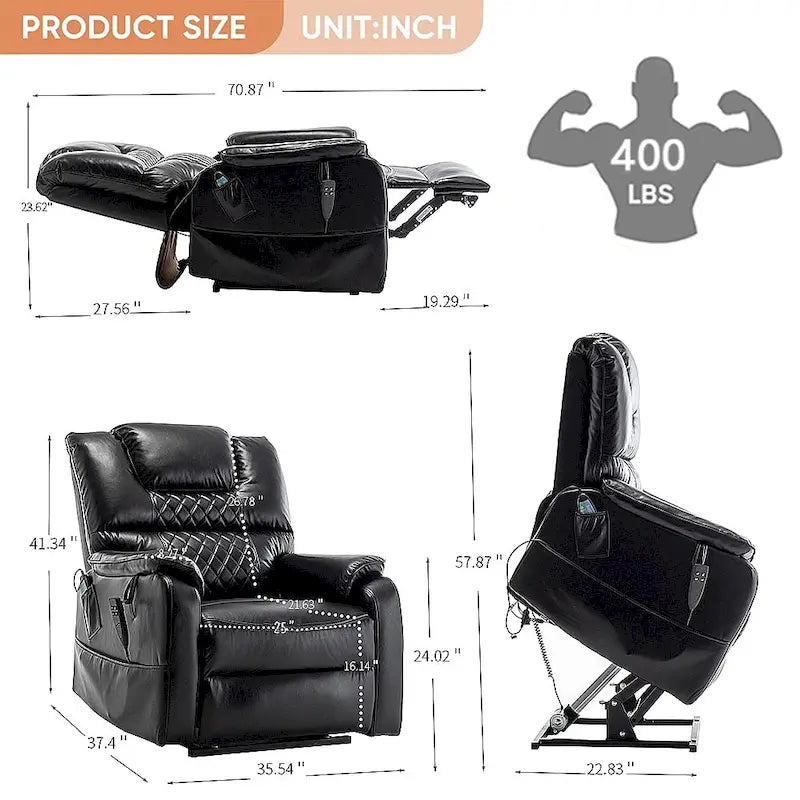 Fauteuil inclinable électrique double à levage de puissance de 35,5 W, massage et chauffage, 180 degrés