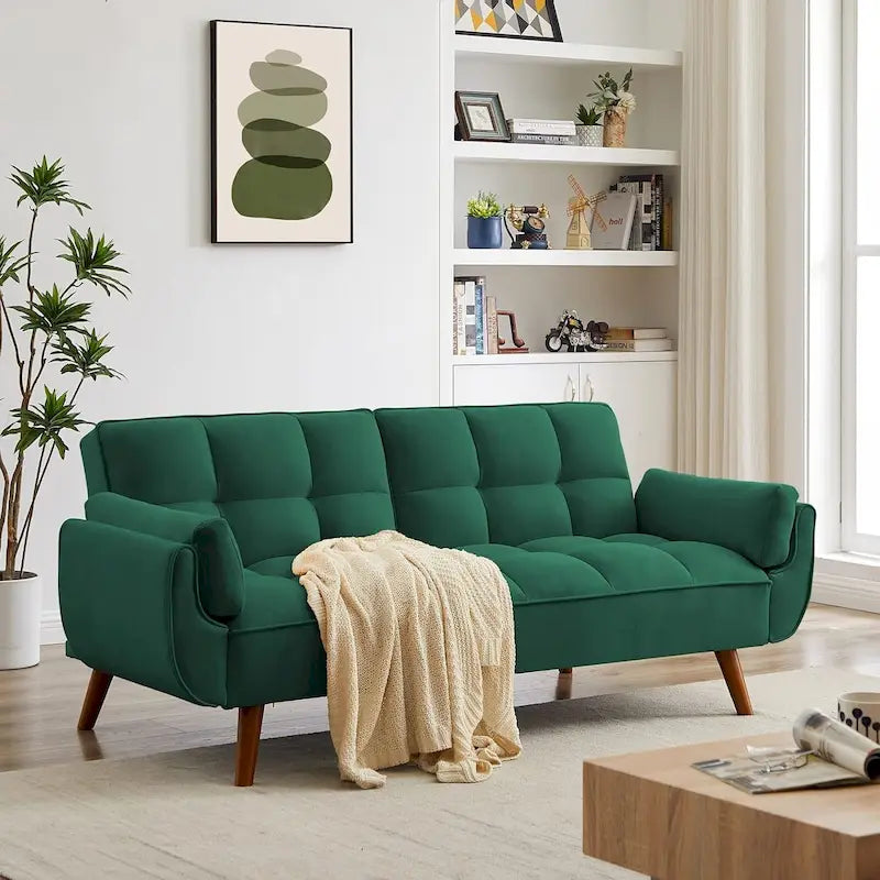 Canapé futon en velours, causeuse futon convertible avec dossier réglable et pieds coniques en bois pour salon, chambre à coucher