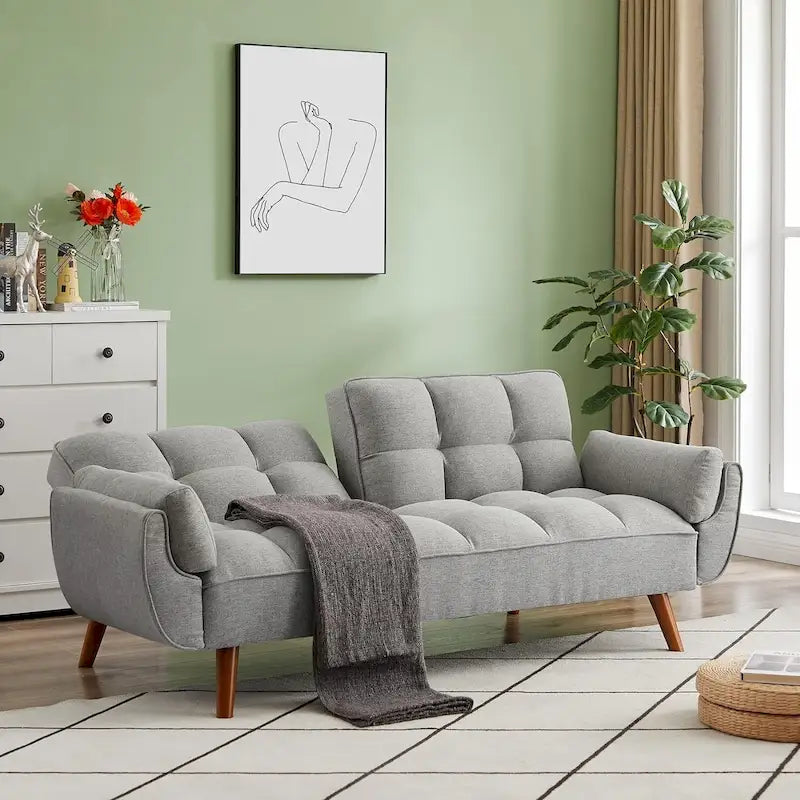 Canapé futon en velours, causeuse futon convertible avec dossier réglable et pieds coniques en bois pour salon, chambre à coucher