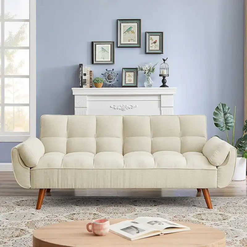 Canapé futon en velours, causeuse futon convertible avec dossier réglable et pieds coniques en bois pour salon, chambre à coucher