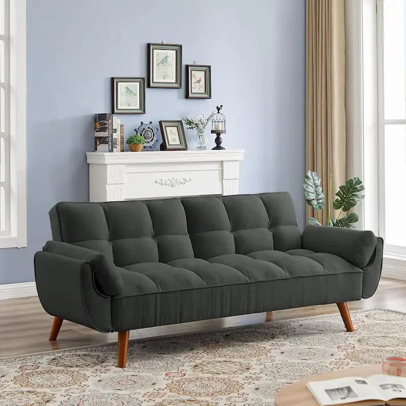 Canapé futon en velours, causeuse futon convertible avec dossier réglable et pieds coniques en bois pour salon, chambre à coucher