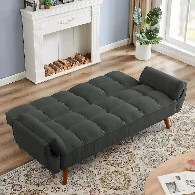 Canapé futon en velours, causeuse futon convertible avec dossier réglable et pieds coniques en bois pour salon, chambre à coucher