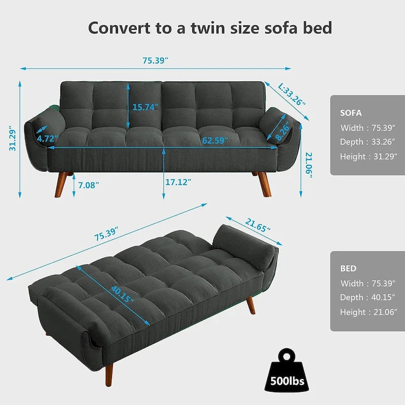 Canapé futon en velours, causeuse futon convertible avec dossier réglable et pieds coniques en bois pour salon, chambre à coucher