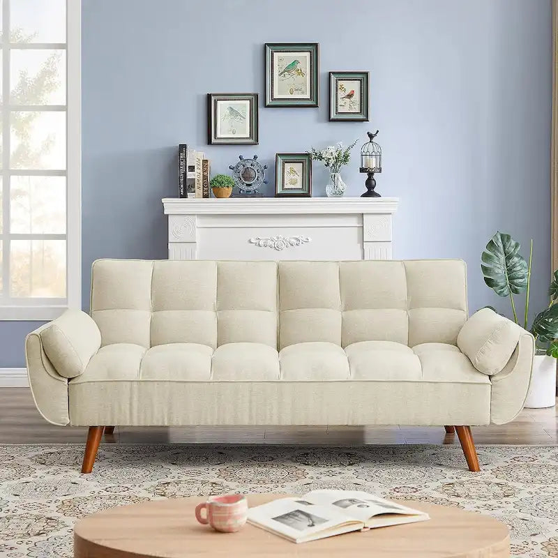 Canapé futon en velours, causeuse futon convertible avec dossier réglable et pieds coniques en bois pour salon, chambre à coucher