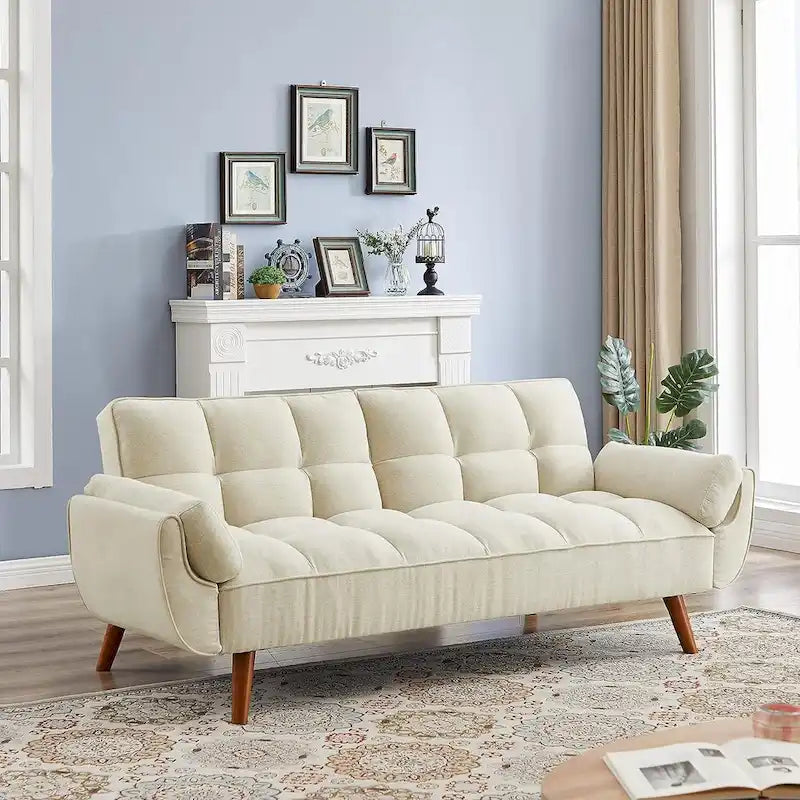 Canapé futon en velours, causeuse futon convertible avec dossier réglable et pieds coniques en bois pour salon, chambre à coucher