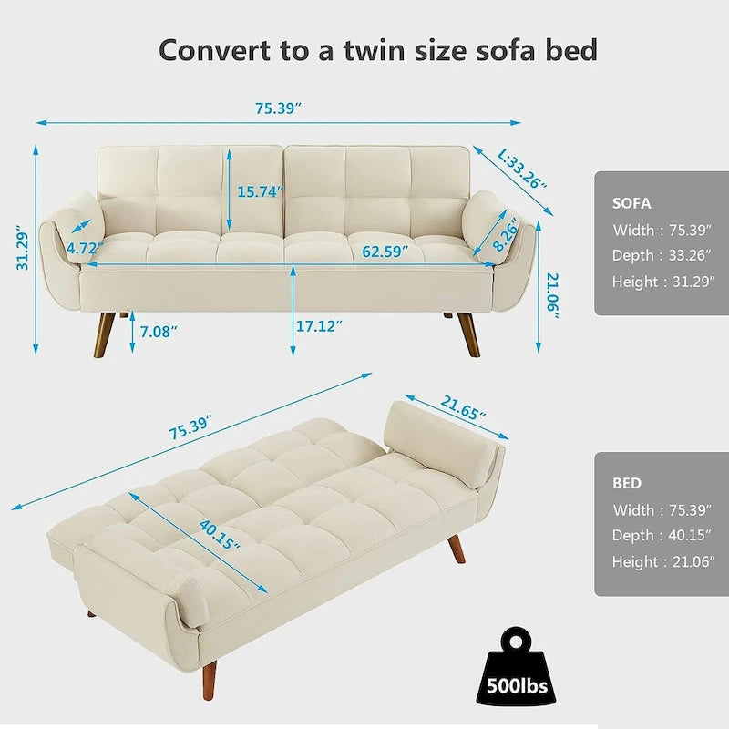 Canapé futon en velours, causeuse futon convertible avec dossier réglable et pieds coniques en bois pour salon, chambre à coucher