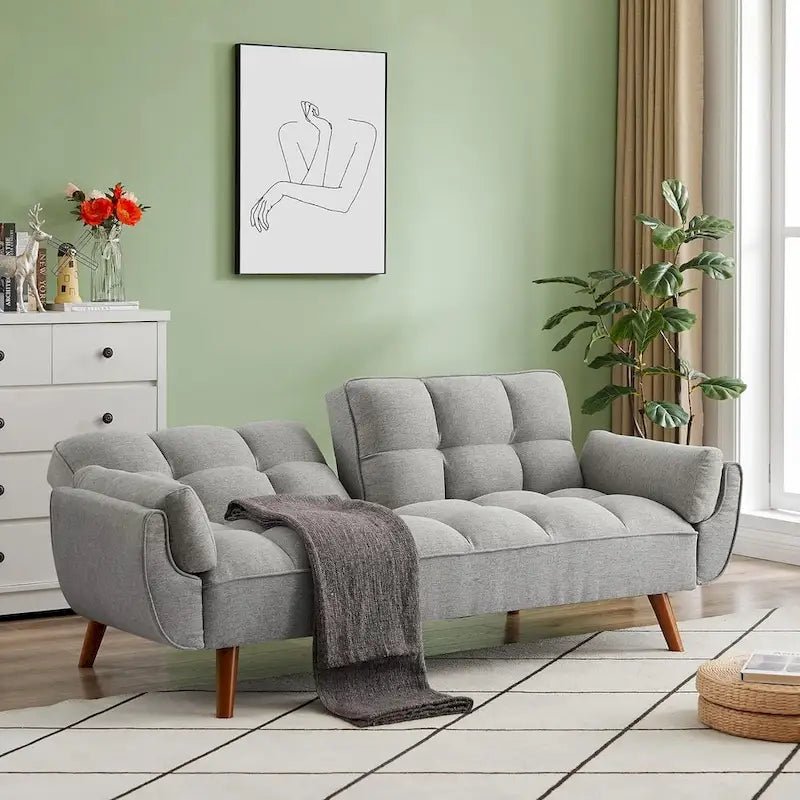Canapé futon en velours, causeuse futon convertible avec dossier réglable et pieds coniques en bois pour salon, chambre à coucher