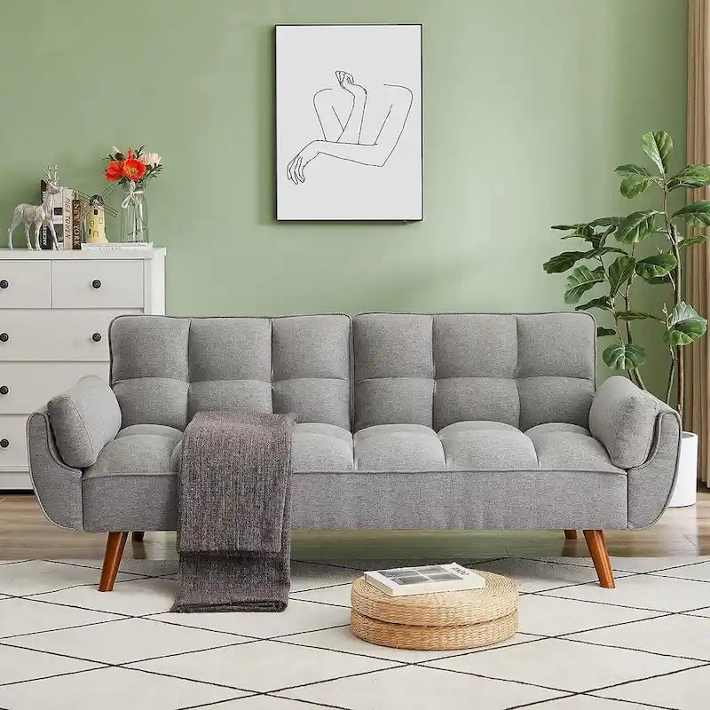 Canapé futon en velours, causeuse futon convertible avec dossier réglable et pieds coniques en bois pour salon, chambre à coucher